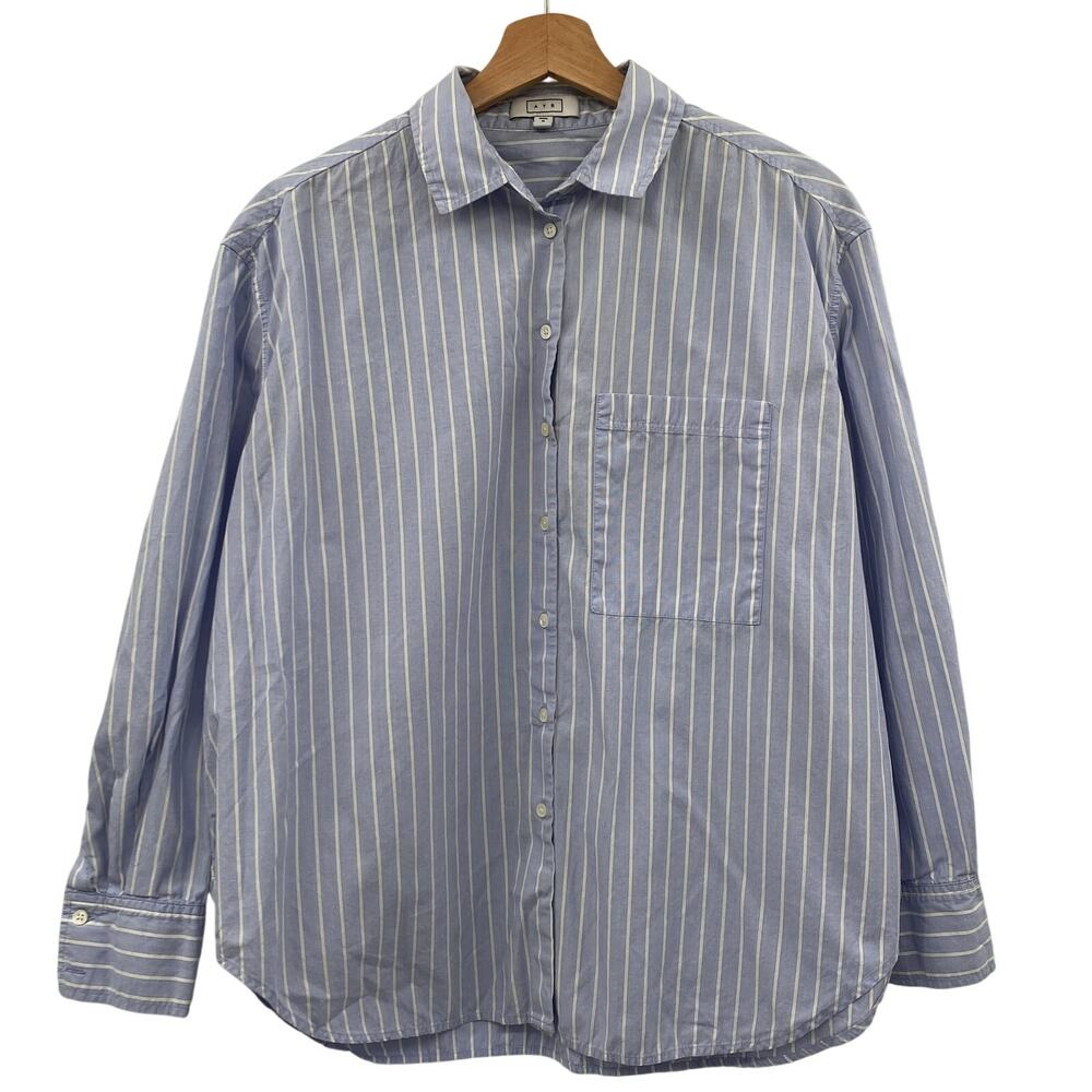 AYR L 100% cotton deep end blue pinstriped button down - Picture 2 of 7